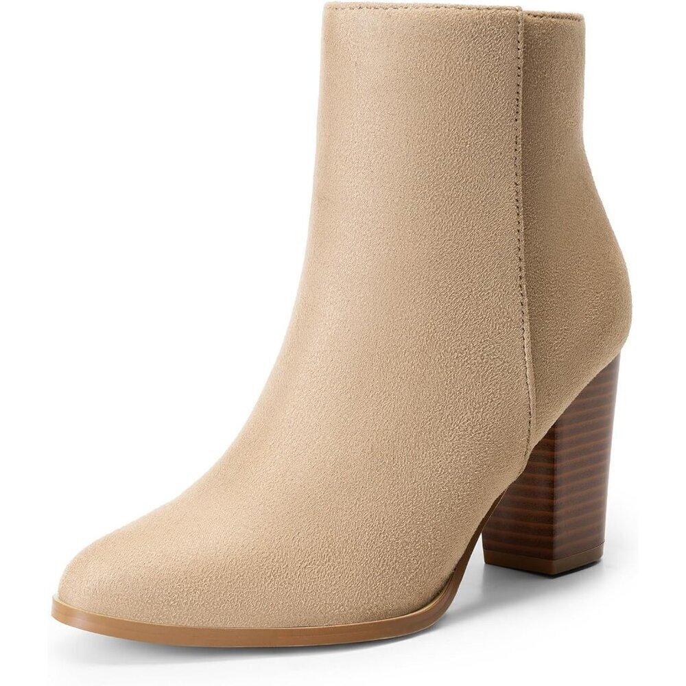 Women's Sand/Suede Faux Leather Ankle Boots Chunky Block Heel Booties